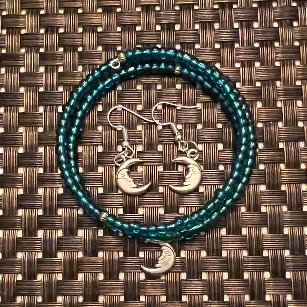 Hand Crafted Turquoise Bracelet and Earrings with Silver Crescent Charms